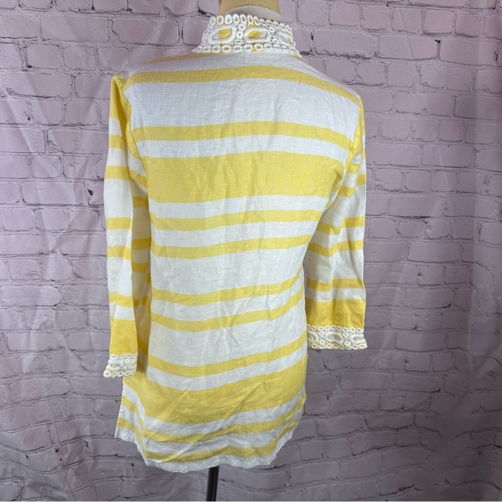 luxury linen charter club yellow stripe tunic sz small white crochet lace collar - Picture 3 of 7